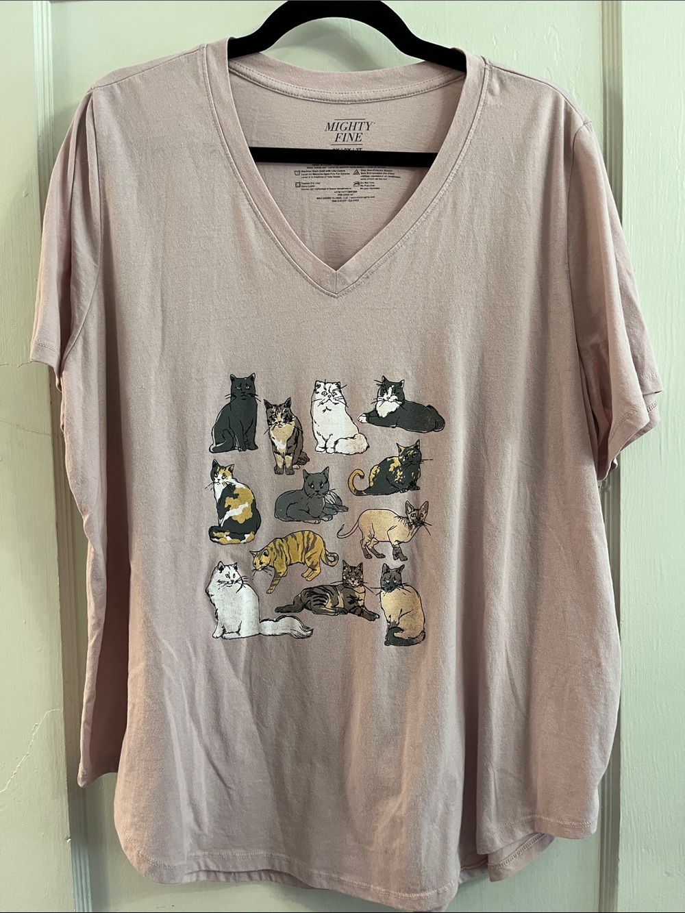 Mighty Fine Light Pink V-Neck Tee with Multi-Cat Graphic